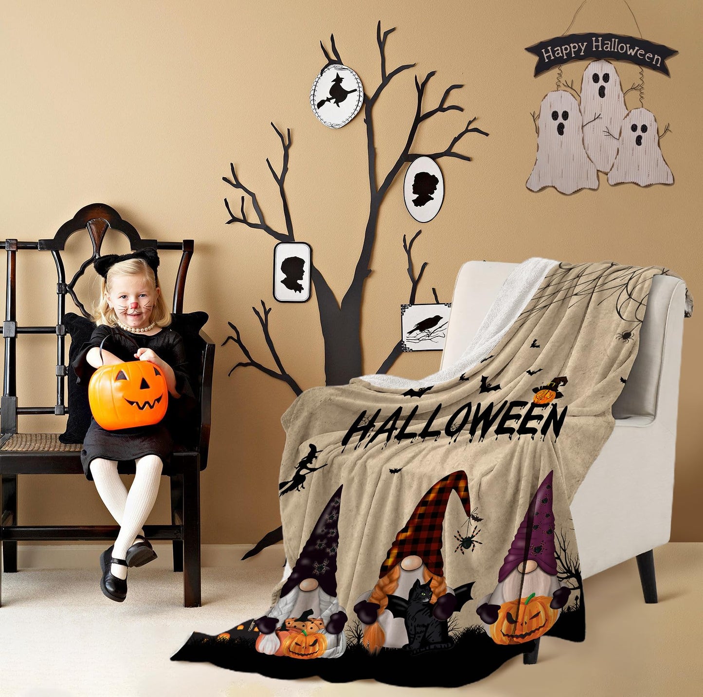Halloween Gnome Blanket Flannel Fleece Throw Blankets Halloween Bats Black Cat Blanket Lightweight Cozy Warm Fuzzy Plush Soft Blankets for Couch Bed Sofa 50X60 Inches