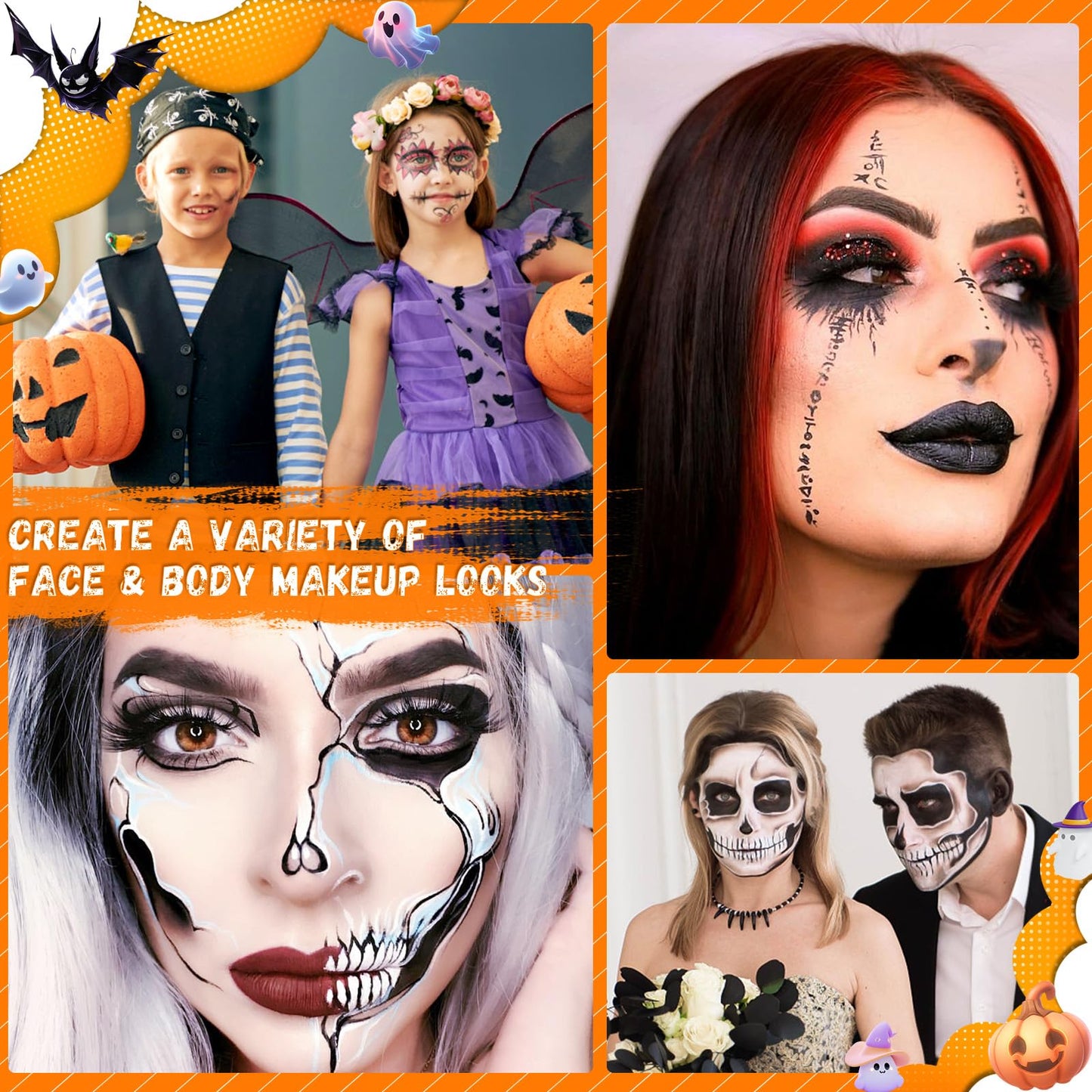 TonJin Black + White + Red Face Body Paint Set 5.28oz,Non-Toxic Professional Paint Palette Kit with 3 Brushes for Kids & Adults Art Theater Halloween Party Cosplay Clown Corpse Paint SFX Makeup