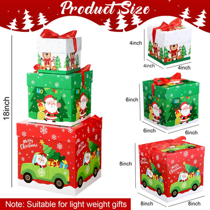 TecUnite 3 Pcs Christmas Stackable Nesting Gift Boxes Decorative Boxes with Lids for Present Wrapping Xmas New Year Holiday Party Xmas Tree Decor (Lively,Red, Green, White)
