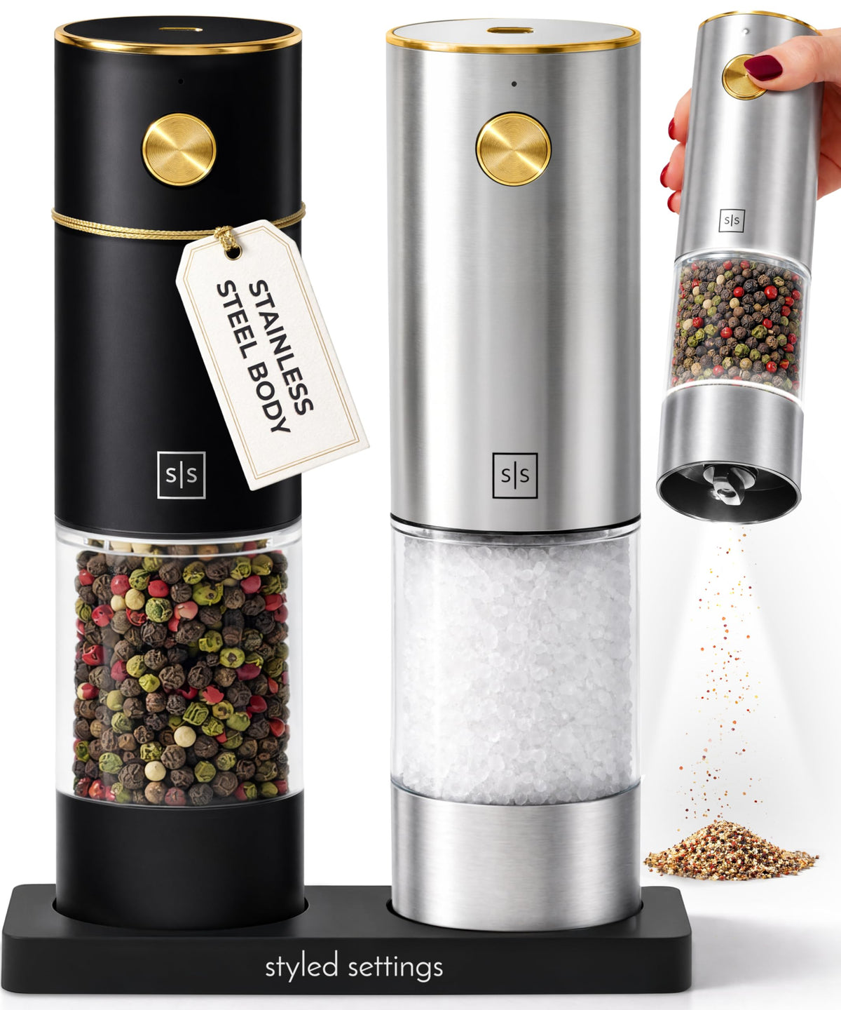 Rechargeable Salt and Pepper Grinder Stainless Steel – Electric Salt and Pepper Shaker Set with USB-C Port, LED Light, Adjustable Coarseness, One Touch Control, Sleek Modern Design