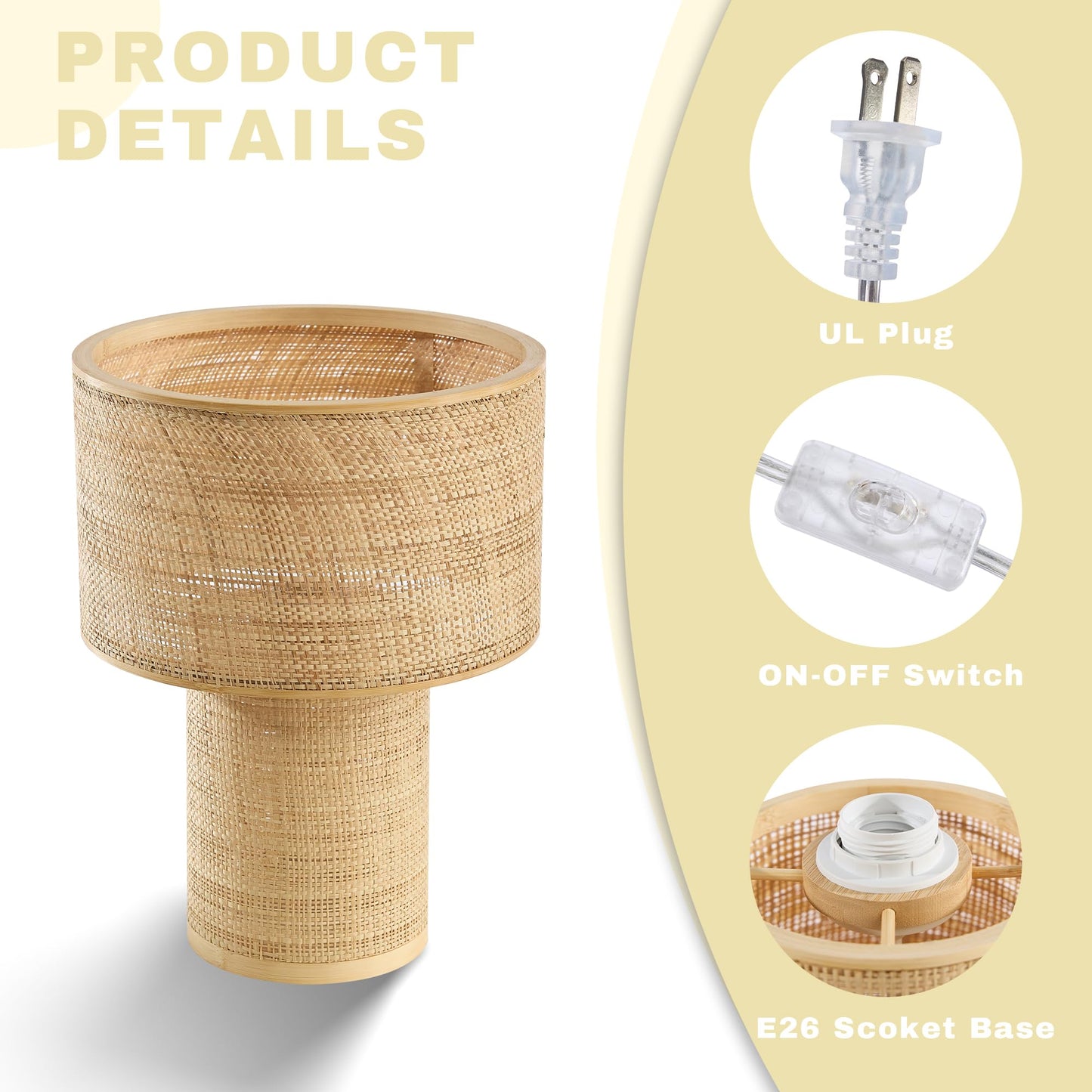 Booniture Handwoven Table Lamp, Boho Bedside Lamp with Linen Shade, Bamboo and Rattan Woven Desk Lamp for Bedroom Living Room Nightstand