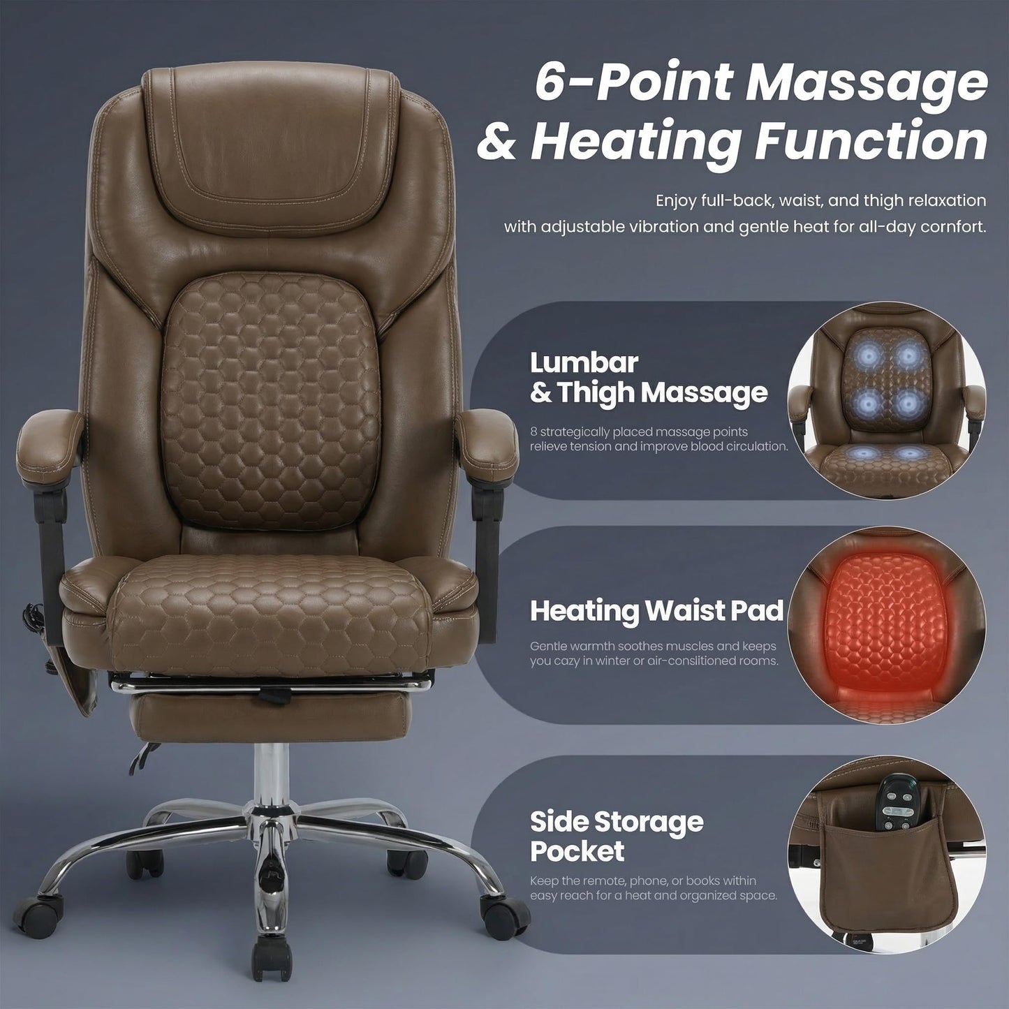 MALOL Massage Office Chair Set of 2 with 3-Level Heat and Footrest – 20-Min Easy Assembly, 300 lbs Big and Tall Desk Chair, PU Leather Ergonomic Executive Computer Chair with Side Pocket, Brown