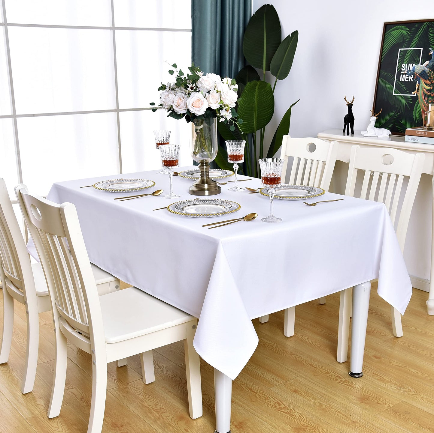 KAIPHO White Rectangle Tablecloth Waterproof Stain Resistant Wrinkle Free Table Cloth 210GSM Polyester Wipeable Table Cover for Party, Banquet, Indoor and Outdoor - Rectangular/Oblong, 60 x 84 inch