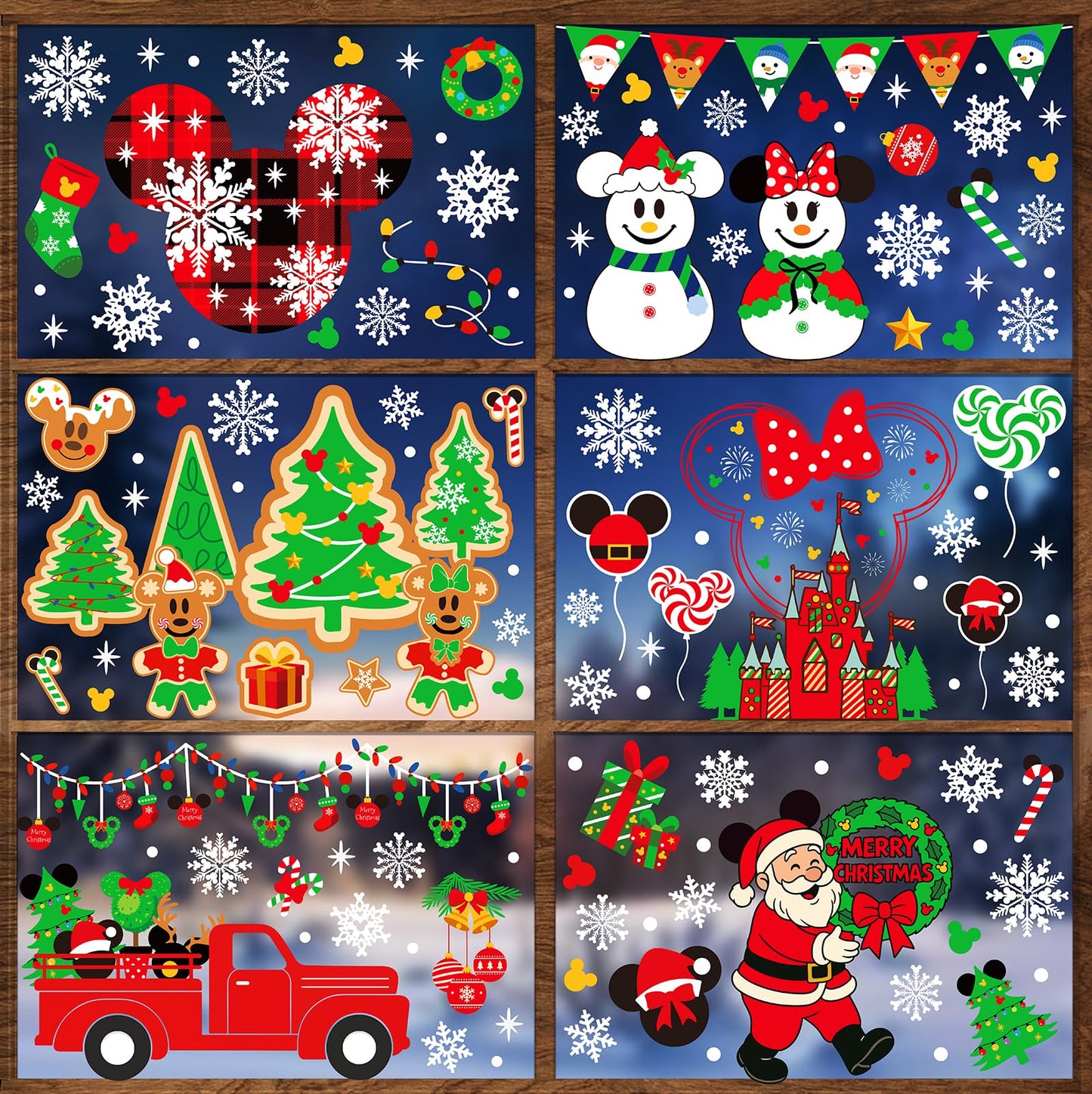 JMHACHY Christmas Window Clings - 9 Sheets 166 Pcs Cute Xmas Decorations for Winter Holiday Home Party, Santa Snowman Tree Snowflake Gingerbread Stickers for Glass, Double-Sided Static Window Decals