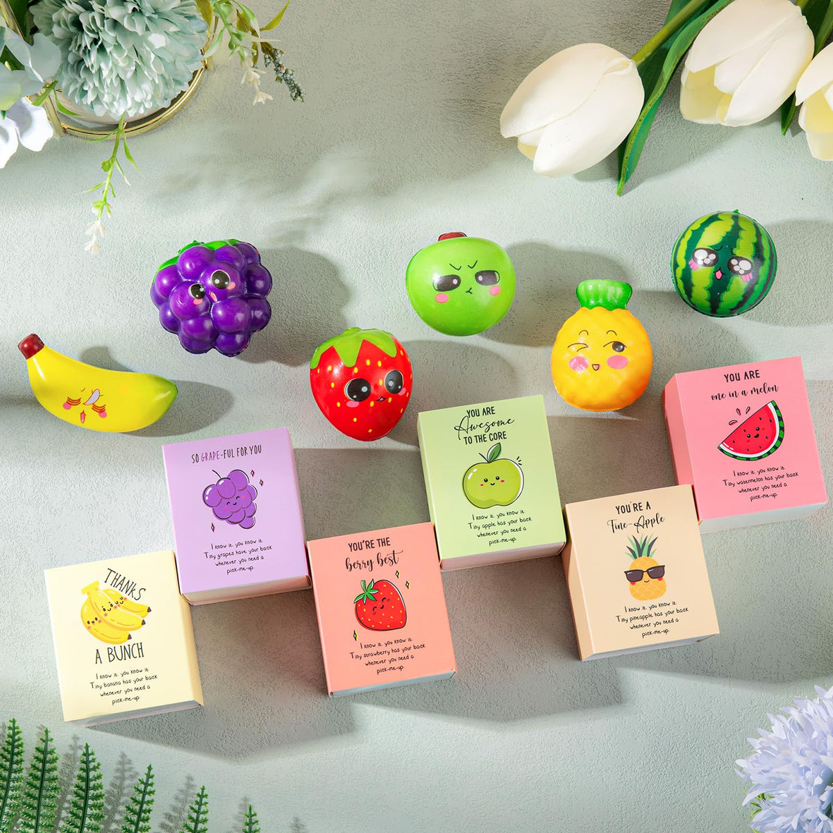 JellyArch Funny Dancing Fruit Inspirational Gifts for Employee Cute Positive Work Stress Relief Gifts for Coworker Fruit Stress Balls with Affirmation Motivational Pun Box for Staff Student(24 Sets)