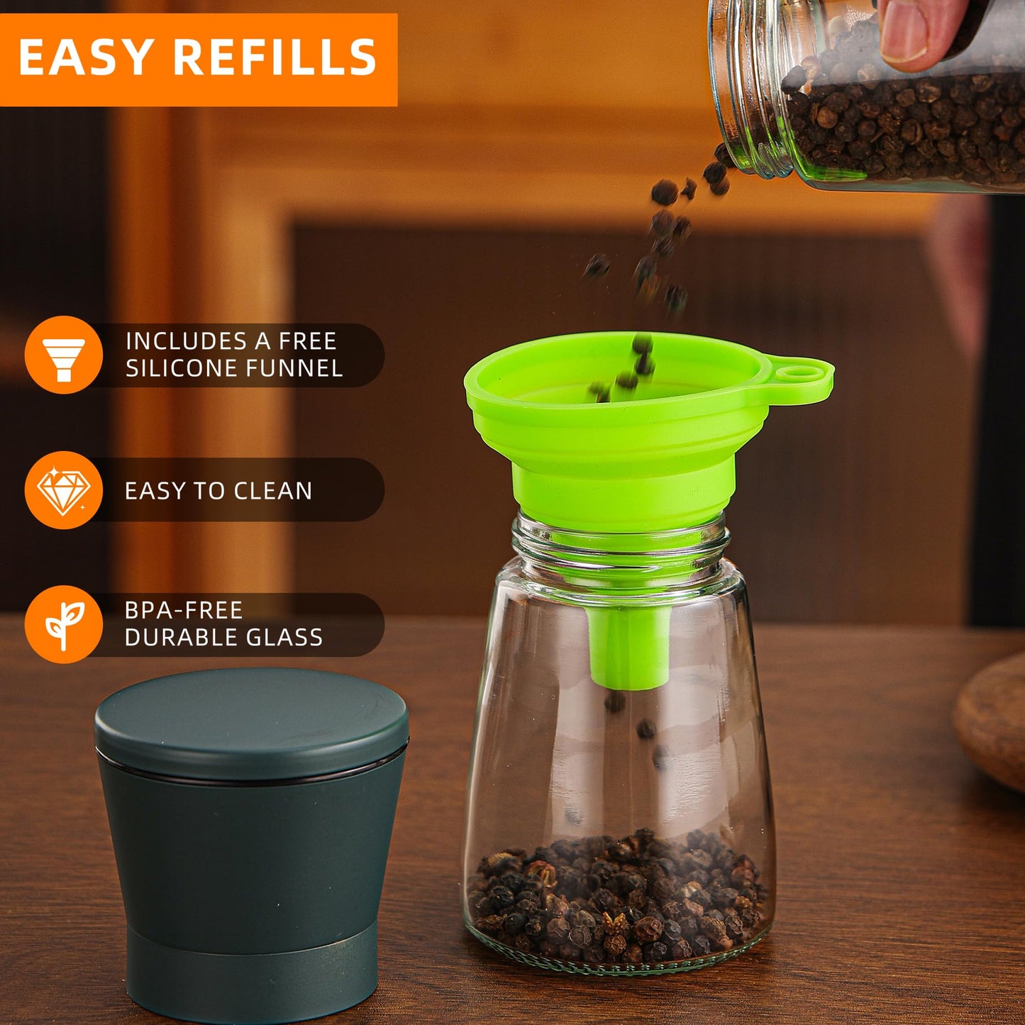 DAVIMADE Stone Blue Salt and Pepper Grinder Set of 2, Refillable & Adjustable Coarseness with Ceramic Blades，Premium Stainless Steel Hand Mills, Bonus Silicone Funnel