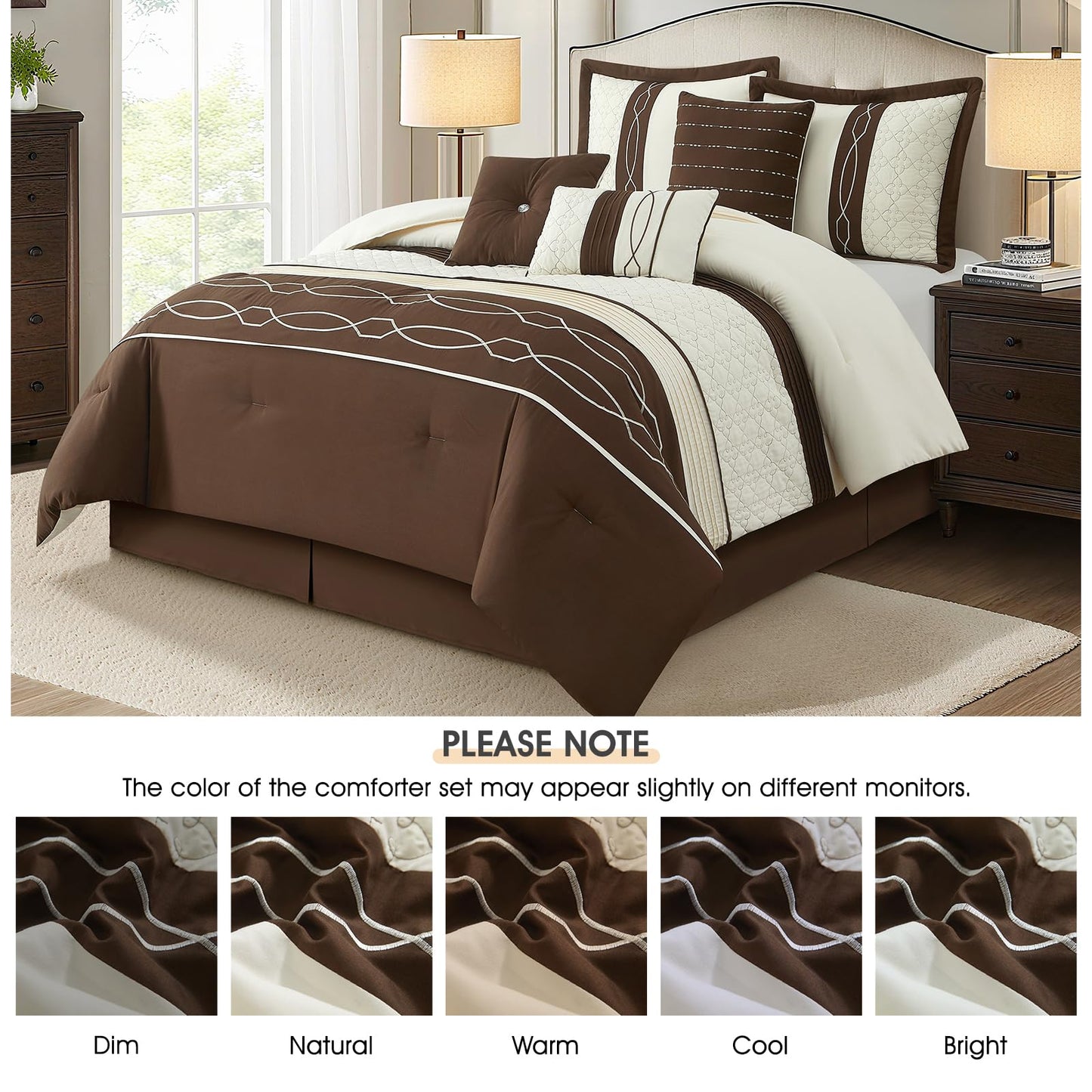 LANCO MODERN LIFESTYLE 7 Piece Comforter Set, Queen, Brown Geometric Clip Design, 100% Polyester, Luxury All Seasons Bed Set Includes Comforter, Bed Skirt, Pillow Shams, and Decorative Pillows