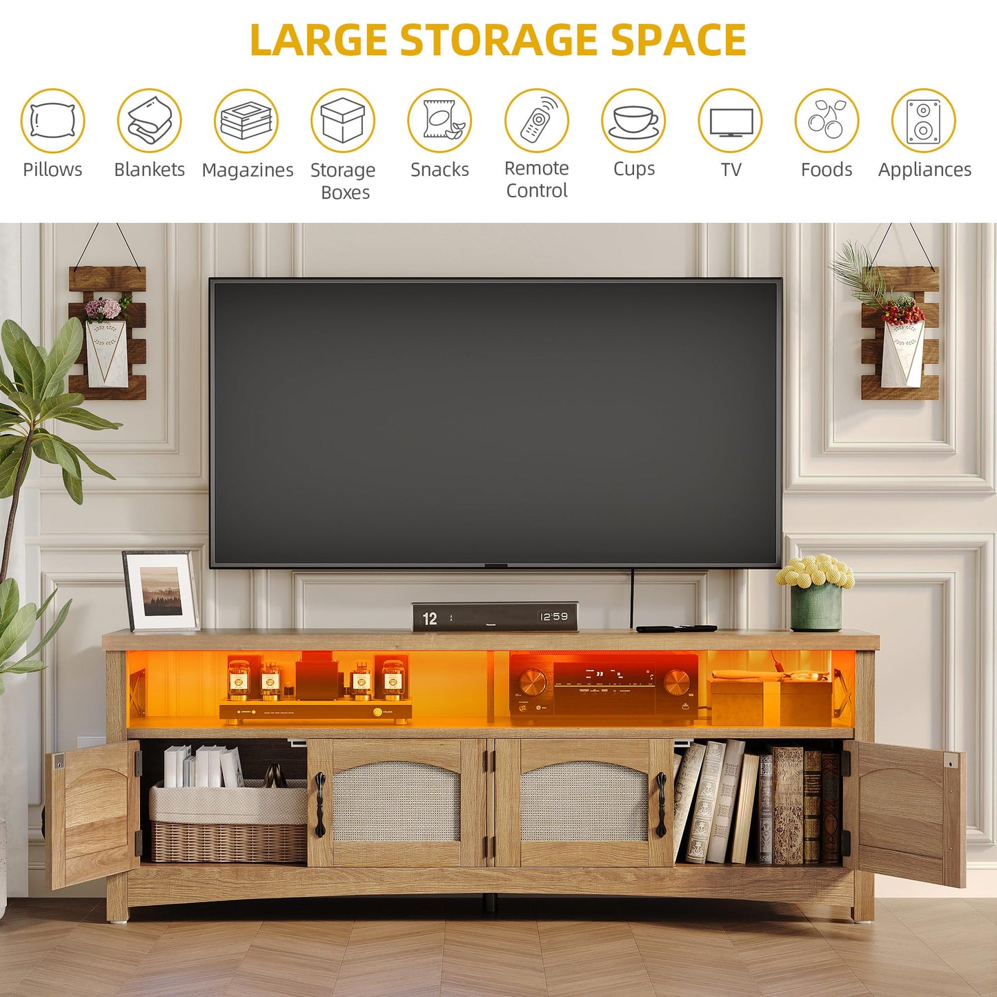 DWVO Farmhouse TV Stand for 65 inch TVs, LED Entertainment Center with Storage, TV Console with Power Outlets, Wooden Bar Coffee TV Table with Shelves for Living Room (Oak)