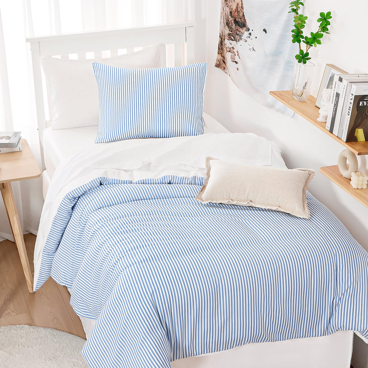 Wake In Cloud - Striped Comforter Set, Ticking Stripe Vertical Pinstripe Neutral Farmhouse Pattern Printed, Soft Lightweight Bedding, 3 Pieces, Blue White, Twin/Twin XL Size