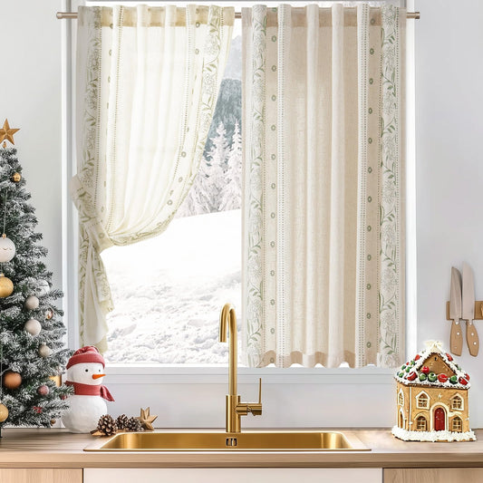 jinchan Winslow Linen Curtains 45 Inch Length Christmas Decorations Farmhouse Small Window Curtains Embroidered Bordered Floral Drapes Light Filtering for Bathroom Kitchen Sage on Beige 2 Panels
