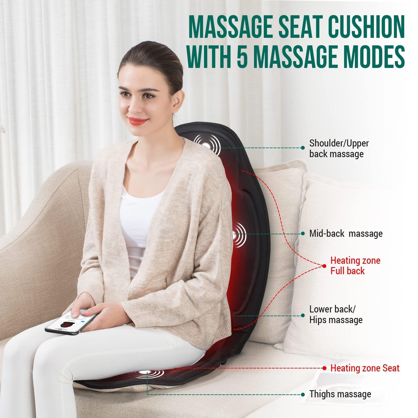 Snailax Vibration Back Massager with Heat, Massage Seat Cushion with 6 Vibrating Motors and 2 Heat Levels, Massage Chair Pad for Home Office use, Gifts for Him Her