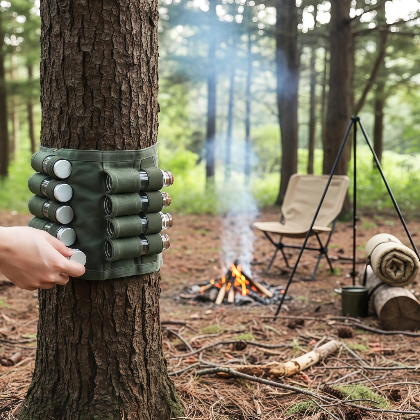 Calolin Camping Spice Kit, Portable Spice Bag for Travel, Including 9 Glass Seasoning Containers, Wear-Resistant Waxed Canvas, Foldable Design, Suitable for Outdoor Cooking