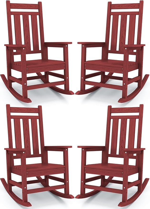 KINGYES Oversized Outdoor Rocking Chair Set of 4, All-Weather Patio Rocking Chairs for Porch, HDPE Outdoor Patio Rockers with High Back & Wide Seat for Garden, Lawn, Red