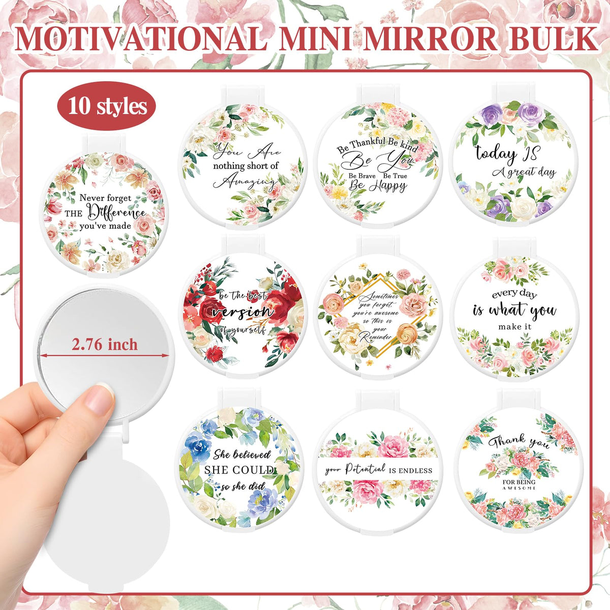 KOPOOEOE 40 Pcs Floral Inspirational Gifts Canvas Makeup Bags with Compact Mirrors Cosmetic Bags Thank You Pouch Bulk for Mothers Day Church Women Teacher Coworker Employee Gifts