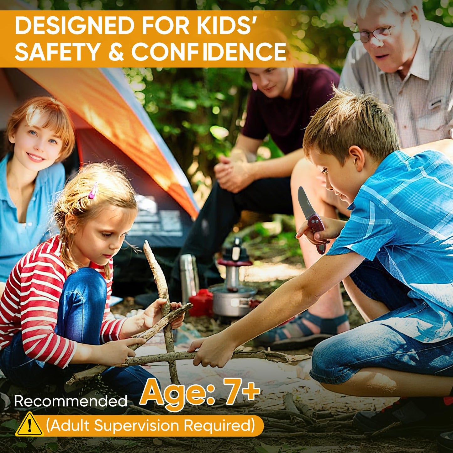 Kids Pocket Knife with Camping Survival Kit, Whistle, Fire Starter, Compass, Carabiners and Carrying Case, Easy Close Safety Lock on Knife. Outdoor Exploration Set for Kids