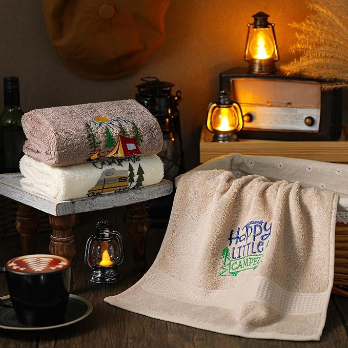 Kitchen 3 Pcs Camping Themed Hand Towels Embroidered Happy Camping Bathroom