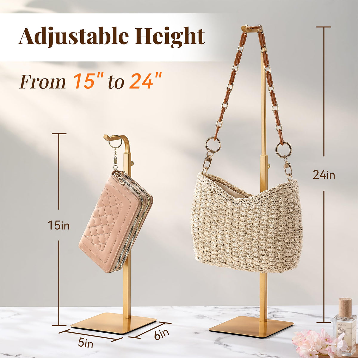 niffgaff 4 Pack Adjustable Purse Holder: Handbag Display Stand, Hanger Rack for Bags, Purses and Wreaths, Tabletop Closet Desk Retail Vendor Display Stand, Gold