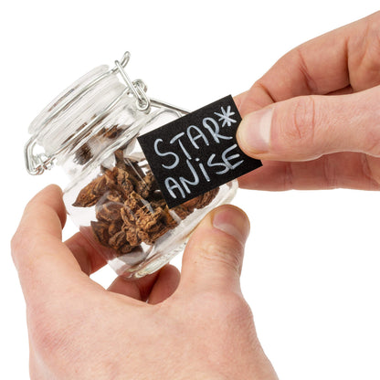 Oak & Steel - 24 Mini Clip Top Glass Spice Storage Jars - 100 ml Glass Canister Containers with Lids, 48 Labels and 2 Chalk Pen (8 x 5cm) - Perfect for Spice Storage, Jam, Honey, Gifting (24)…