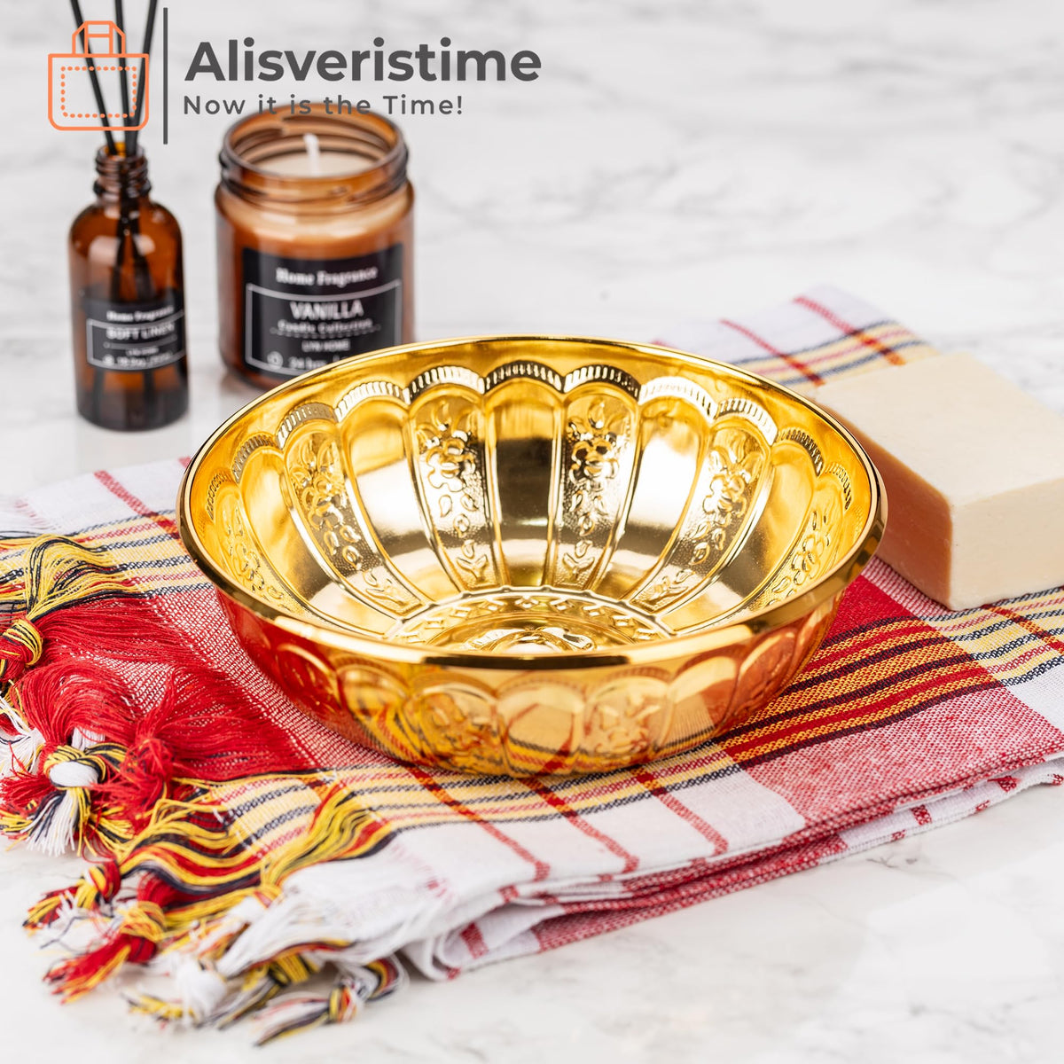 Alisveristime 1.06 Qt Turkish Hammam Bath Bowl, Traditional Metal Construction, Diameter 7.87", Height 2.36" - Multiple Colors Available (Gold)