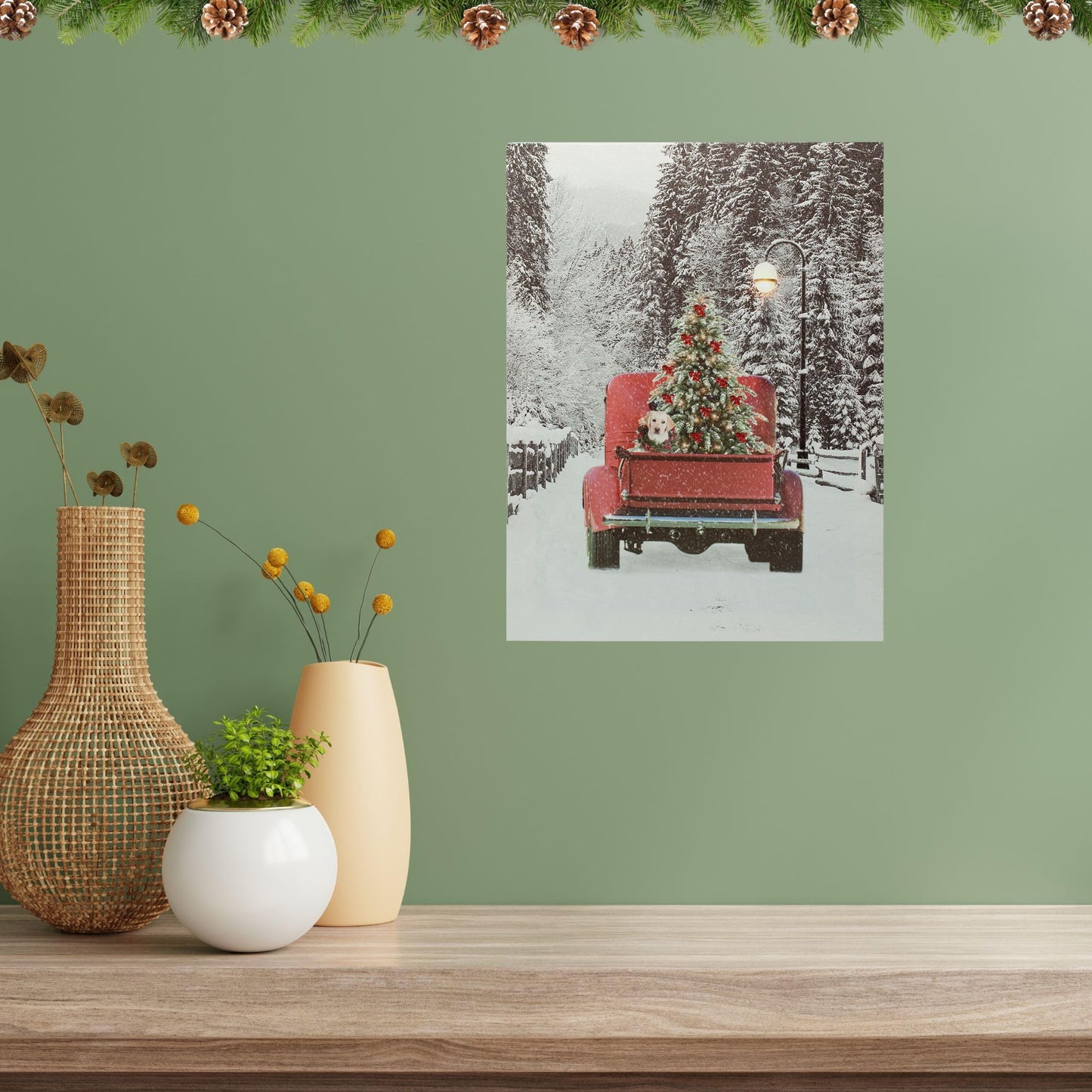 LED Wall Art - Lighted Red Pick-Up Truck Canvas Print - Light Up Picture with Winter Scene - Vintage Red Pickup Truck Carrying a Christmas Tree - Measures 15.75" X 11.75"