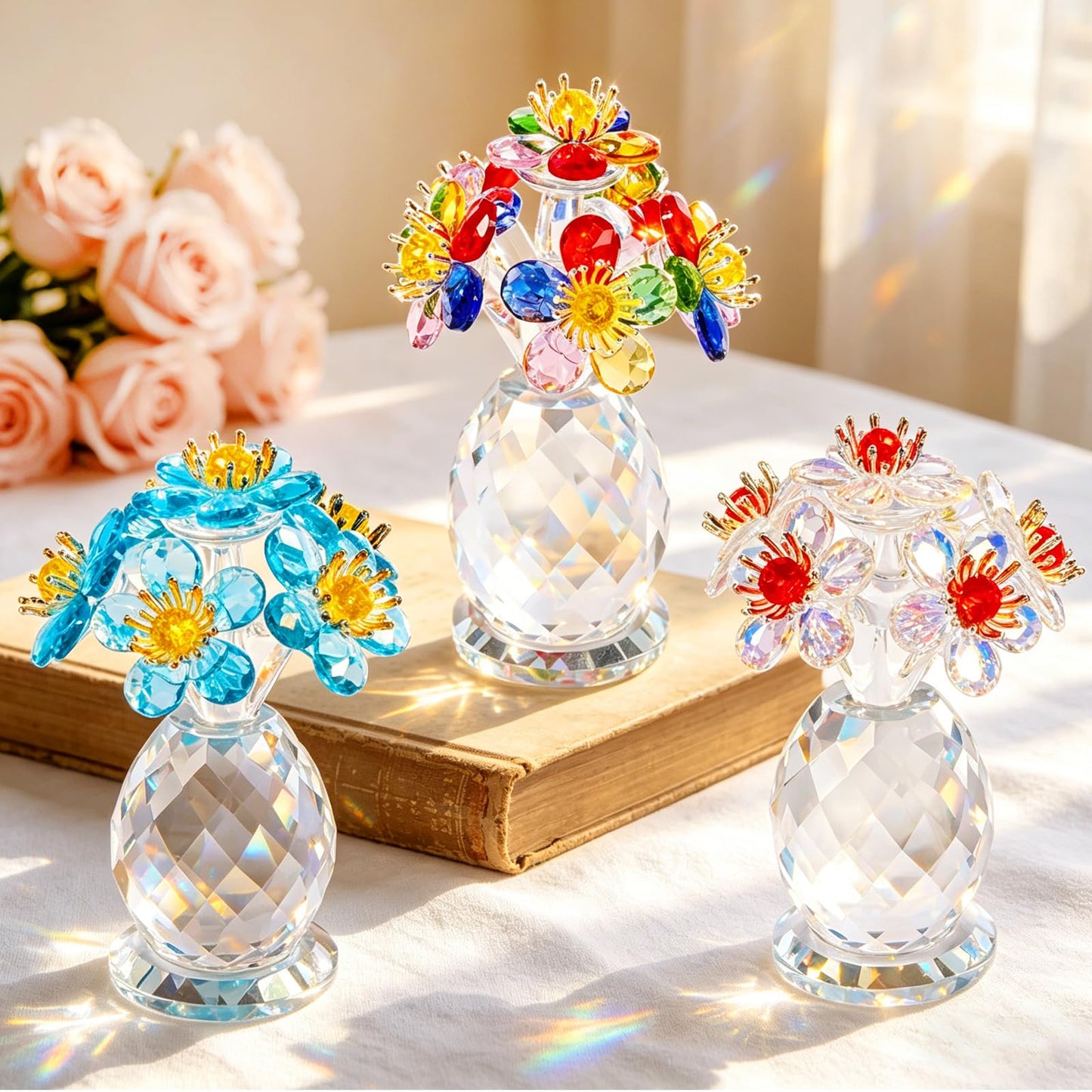 Anxingo Crystal Flower Figurine, Handmade Eternal Glass Flower (Multicolor)