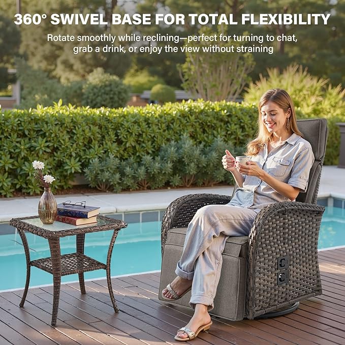 Belord 7 Piece Patio Furniture Set with 4 Swivel Recliner Chairs and 3 Side Tables, Dual-Adjust Wicker Chaise Lounge Chairs for Outdoor Patio Conversation, All-Weather Brown Rattan