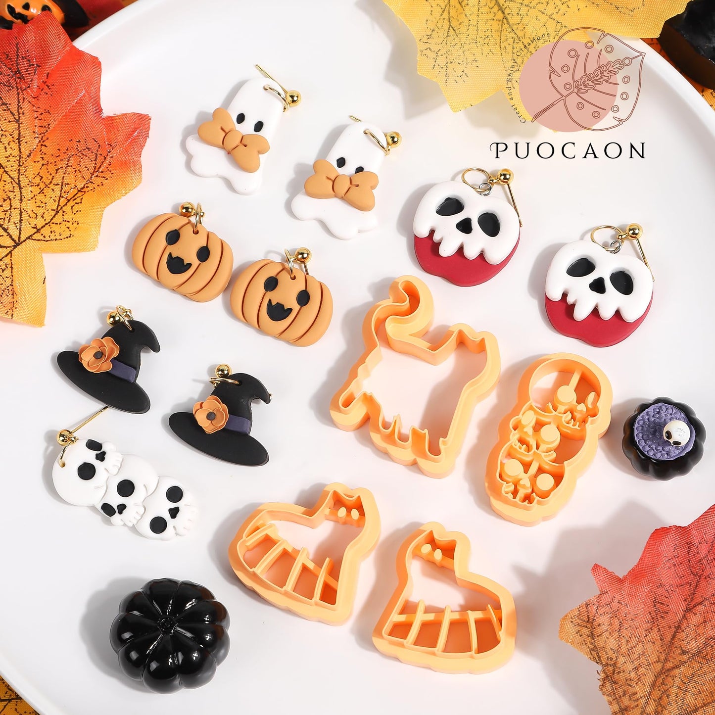 Puocaon Halloween Polymer Clay Cutters - 18 Pcs Halloween Themed Skull Ghost Cat Wizard Witch for Earrings Jewelry Making Clay Earrings Cutters