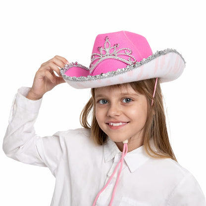 Spooktacular Creations 2 Pack Pink Cowboy Hat with Crown Blinking, Halloween Children's Pink Tiara Felt Cowboy Hats Accessories for Cosplay, Dress-up Party