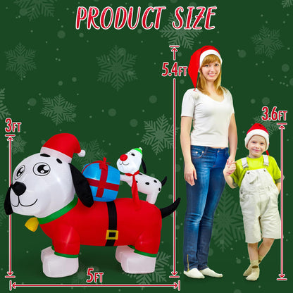 PRESENCE Christmas Inflatables Outdoor Decorations - 5FT Christmas Blow Up Dog Family LED Lights with Gift Box, Winter Decor Xmas Kids Gift for Outdoor Yard Decorations