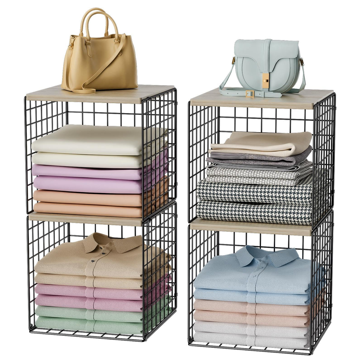Hencawima 4-Tier Stackable Closet Organizers and Storage, Dual-Layer Reinforced Clothing Cube Shelves with Wood Tops, Sturdy Clothes Storage Bins & Shelf Basket for Wardrobe, Closet Organizer System