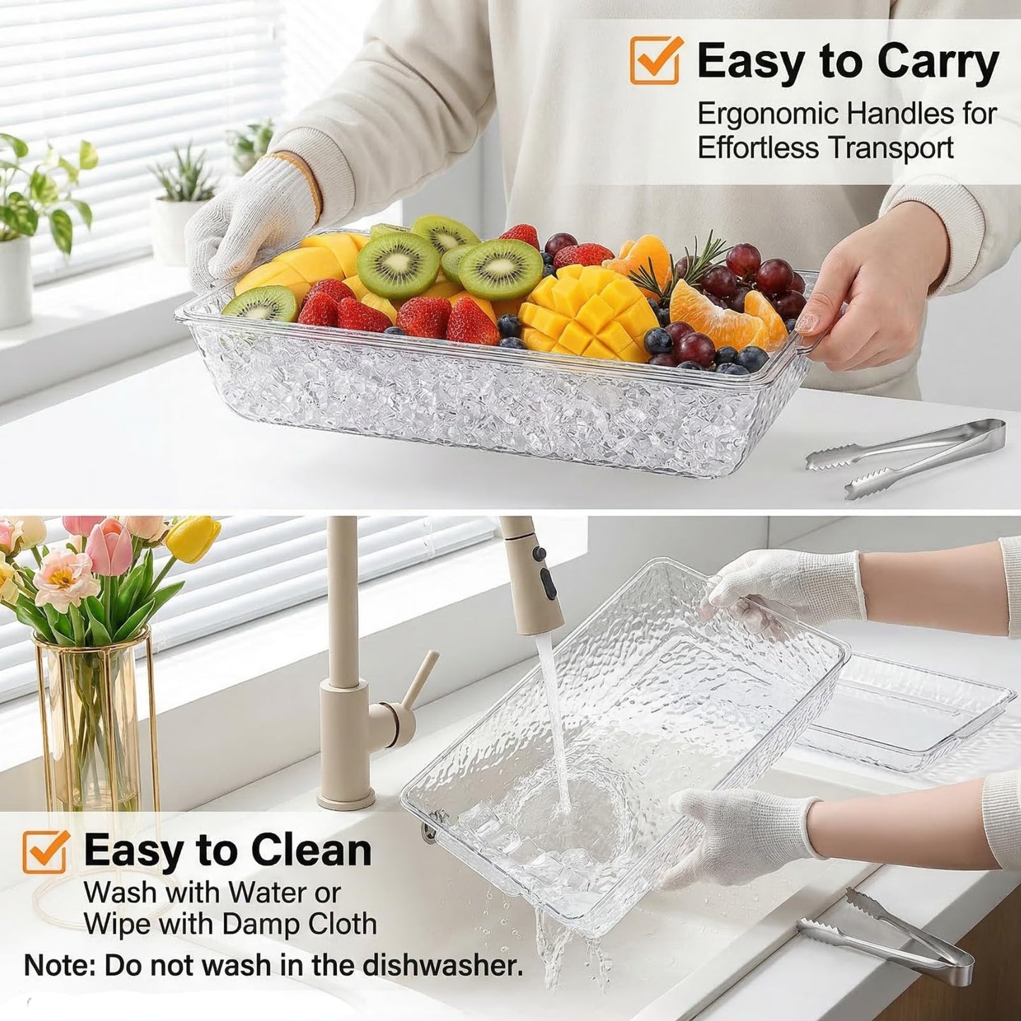 ZENFUN 2 Pack Ice Chilled Serving Tray, Plastic Chilled Party Platter for Fruit, Veggie Trays Large Removable Serving Tray for Cold Dish, Ideal for Appetizers, Seafood, Desserts, Charcuterie Board
