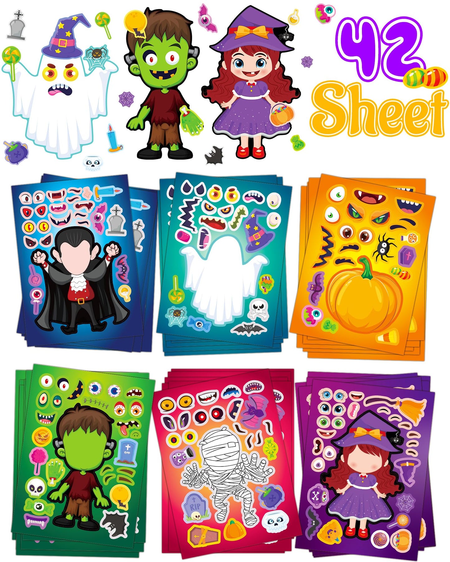 Oomloid 42 Sheets Halloween Party Favors Stickers for Kids, Party Games Face Stickers, Halloween Treats Goodie Bag Stuffers Gifts Toys Crafts Activities for Kids