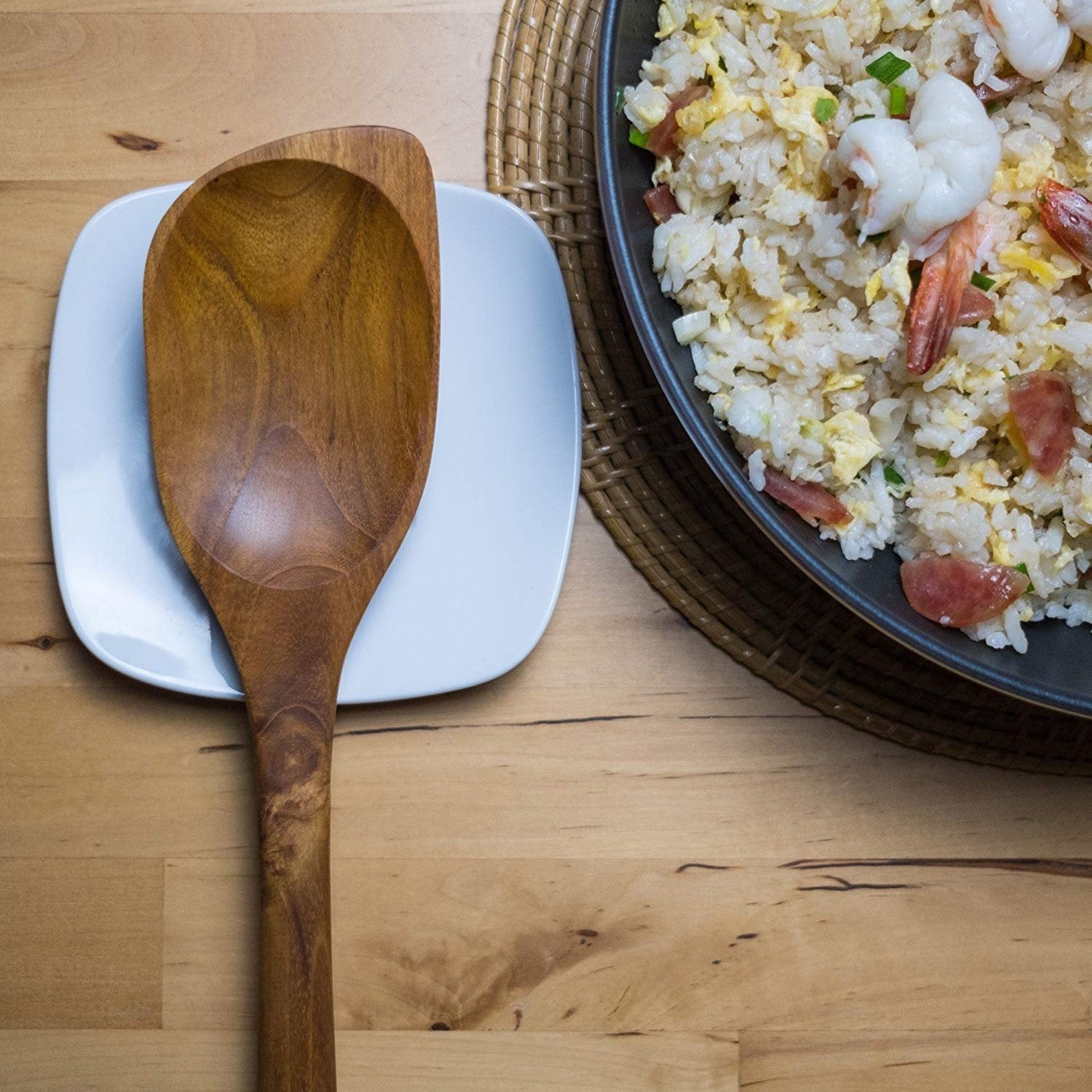 Teak Wooden Spoon for Cooking, Right Hand Corner Spoon, Nonstick Cookware