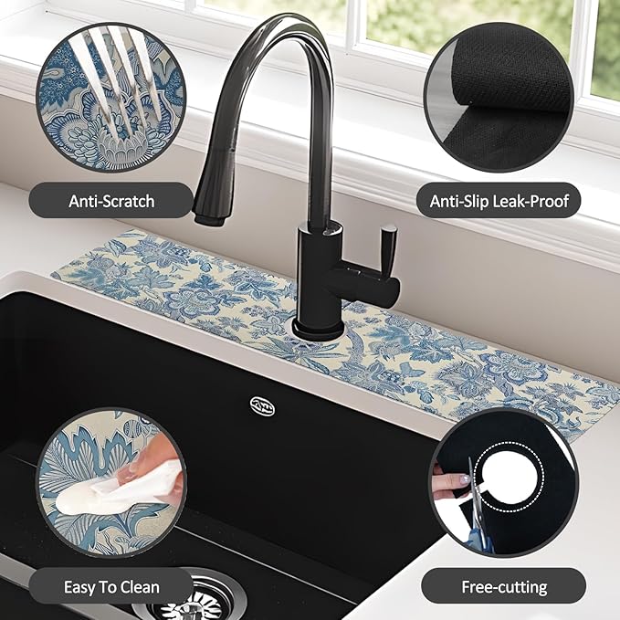 24" X 5.5" Kitchen Sink Splash Guard Faucet Mat Flora Super Absorbent Fast