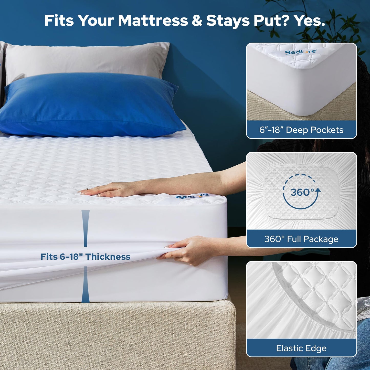 BEDLORE 2 Pack Waterproof Mattress Protector, King Size Mattress Pad with Deep Pocket Fitted Up to 6-18 inches, Soft Noiseless Single Bed Mattress Cover for Bedroom, Dorm Room (White)