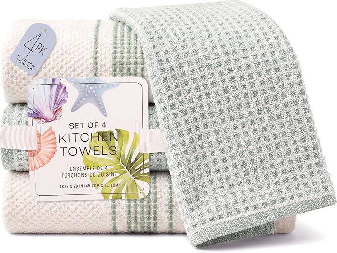 MosJos Kitchen Towels, Cotton Hand Towels White & Turquoise Mini Weaved