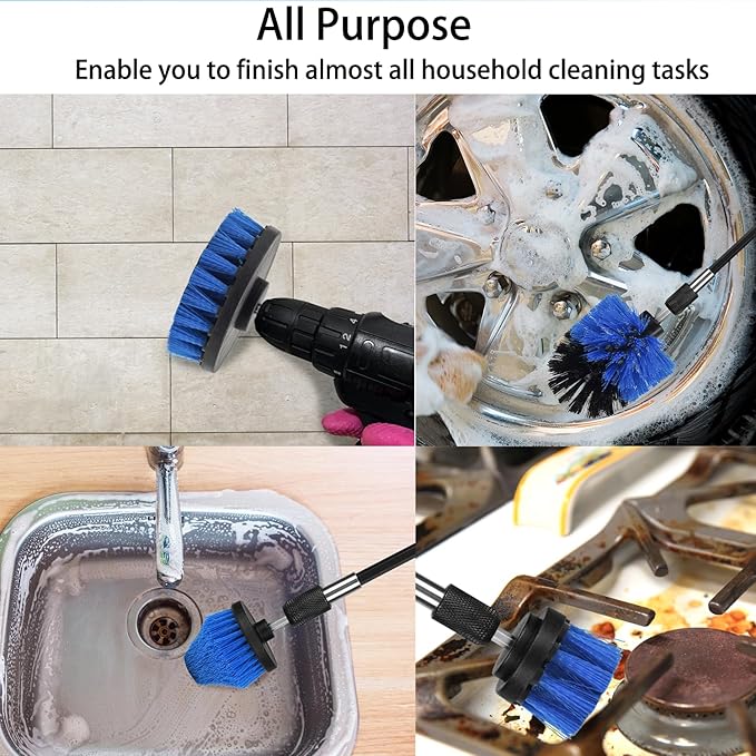 Drill Brush Attachment Set, 7 Pack 1/4in Power Scrubber Brush + Extend Long Rod