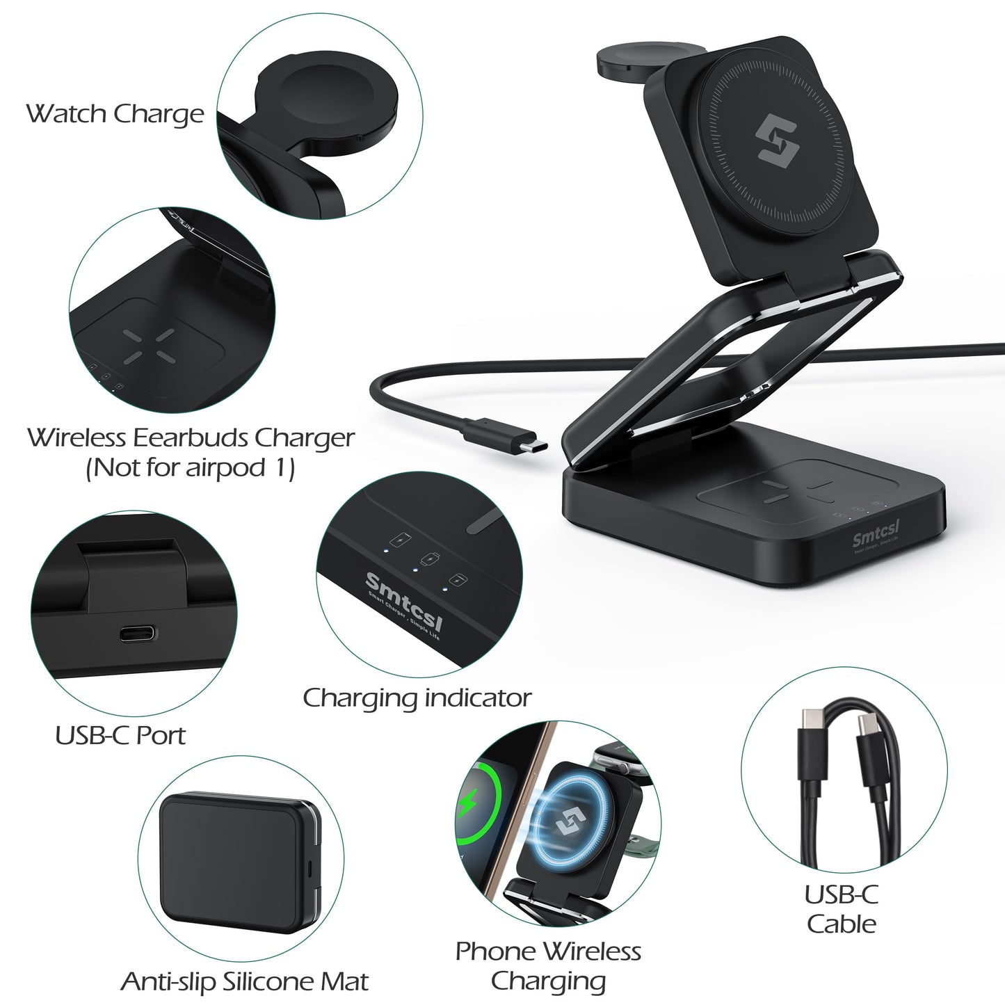 Smtcsl 3-in-1 Foldable Wireless Charging Station: Magnetic Charger Pad Compatible with Phone air 17 16 15 14 13 12 Series/Watch/Air Pods - Portable Folding Stand for Travel