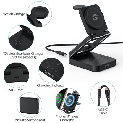 Smtcsl 3-in-1 Foldable Wireless Charging Station: Magnetic Charger Pad Compatible with Phone air 17 16 15 14 13 12 Series/Watch/Air Pods - Portable Folding Stand for Travel