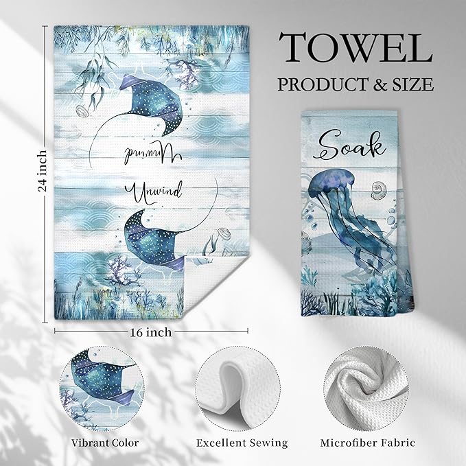 Nautical Hand Towels, Coastal Beach Bathroom Decor, Manta Ray Octopus Jellyfish