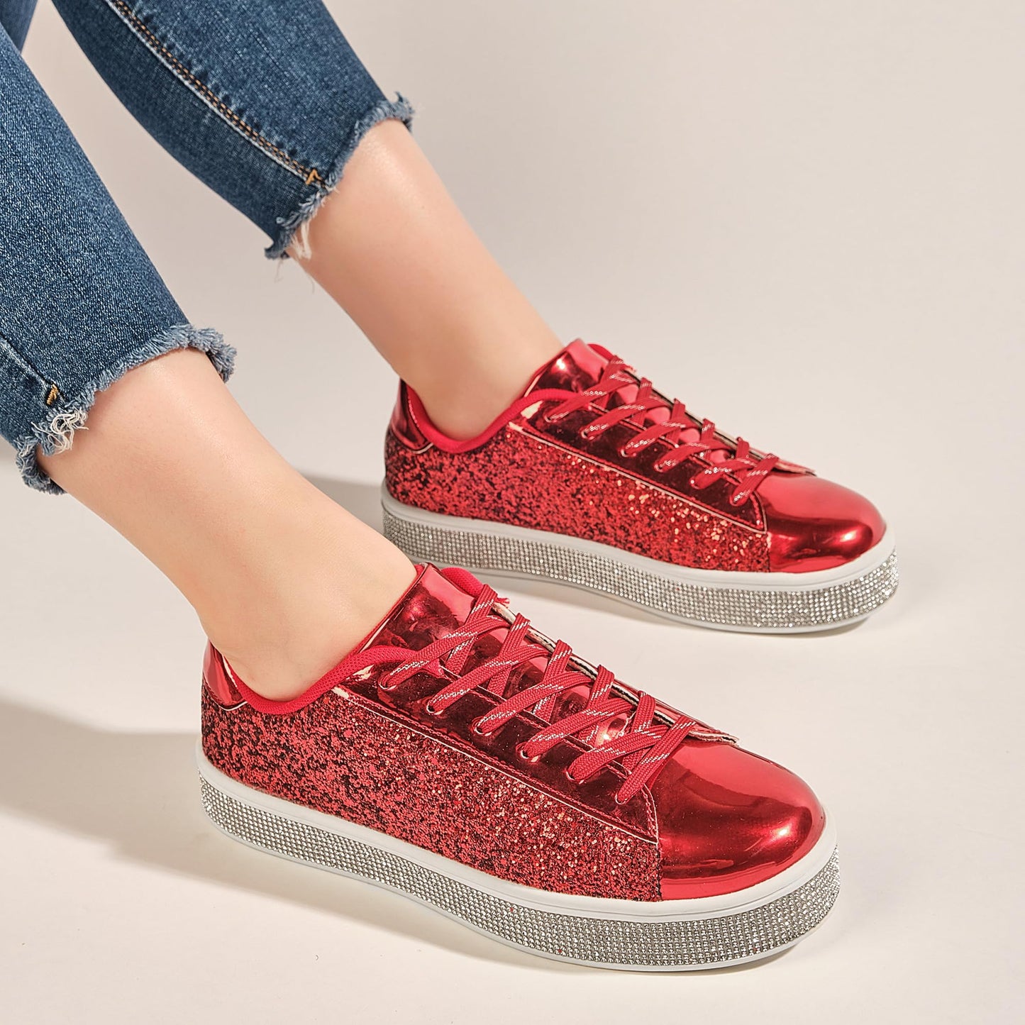 UUBARIS Women's Glitter Tennis Sneakers Neon Dressy Sparkly Sneakers Rhinestone Bling Wedding Bridal Shoes Shiny Sequin Shoes Red Size 6
