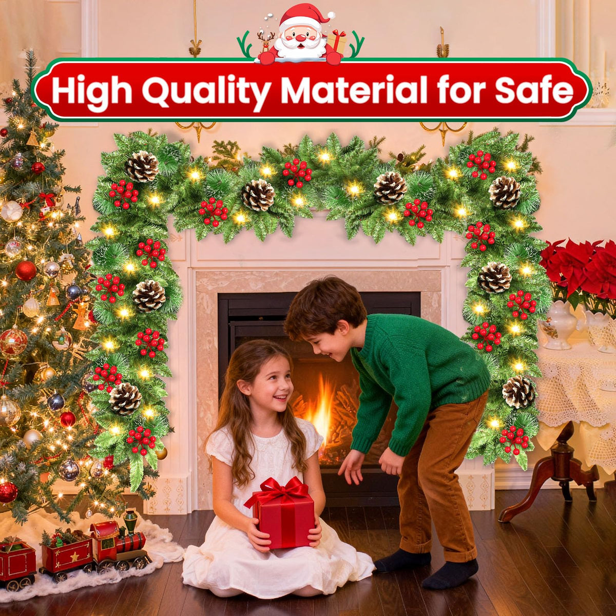 Christmas Garland, JTSIOV 9ft Artificial Christmas Tree Garland with 9ft Lights, Pine Cones, Red Berries, Branch Tips, Waterproof Christmas Decoration for Stairs, Fireplace, Door, Xmas Trees, Garden