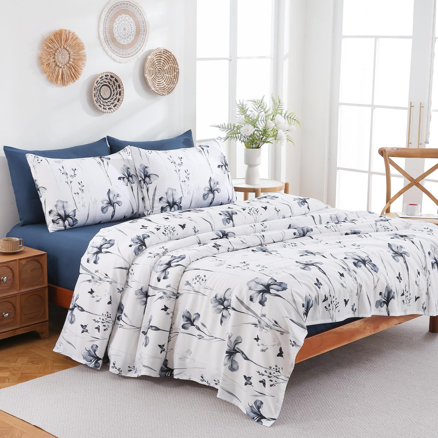 Swiftify Botanical Queen Bed Sheets Set 6-Piece, Boho Floral Brushed Microfiber Sheets, Cooling Bed Sheet Set, Soft & Breathable, 16' Deep Pocket Fitted Sheet & Pillowcase Set, Vintage Ink Iris