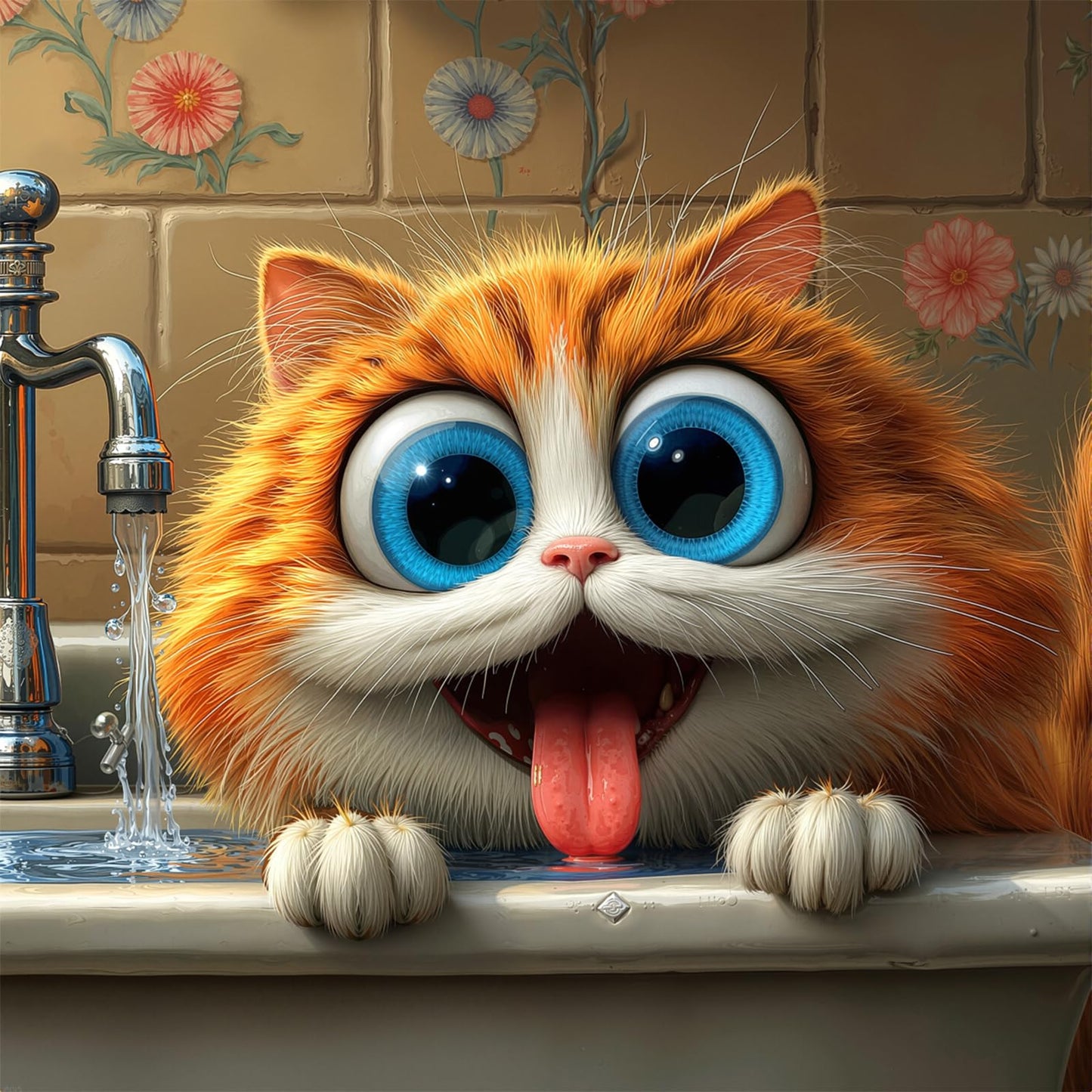 1000 Piece Jigsaw Puzzle, Orange Cat with Blue Eyes Drinking Water