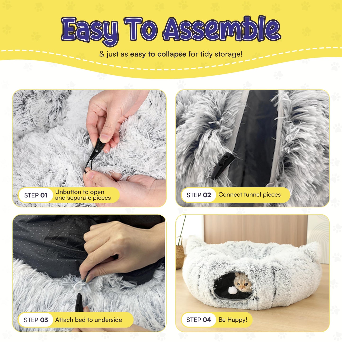 PurrPuff Cat Tunnel Bed Cave with Catnip Toys - Peekaboo Cat Hideaway & Cat Donut Tunnel - 3-in-1 Cat Tunnels for Indoor Cats - Foldable Cute Cat Bed - 32" Washable