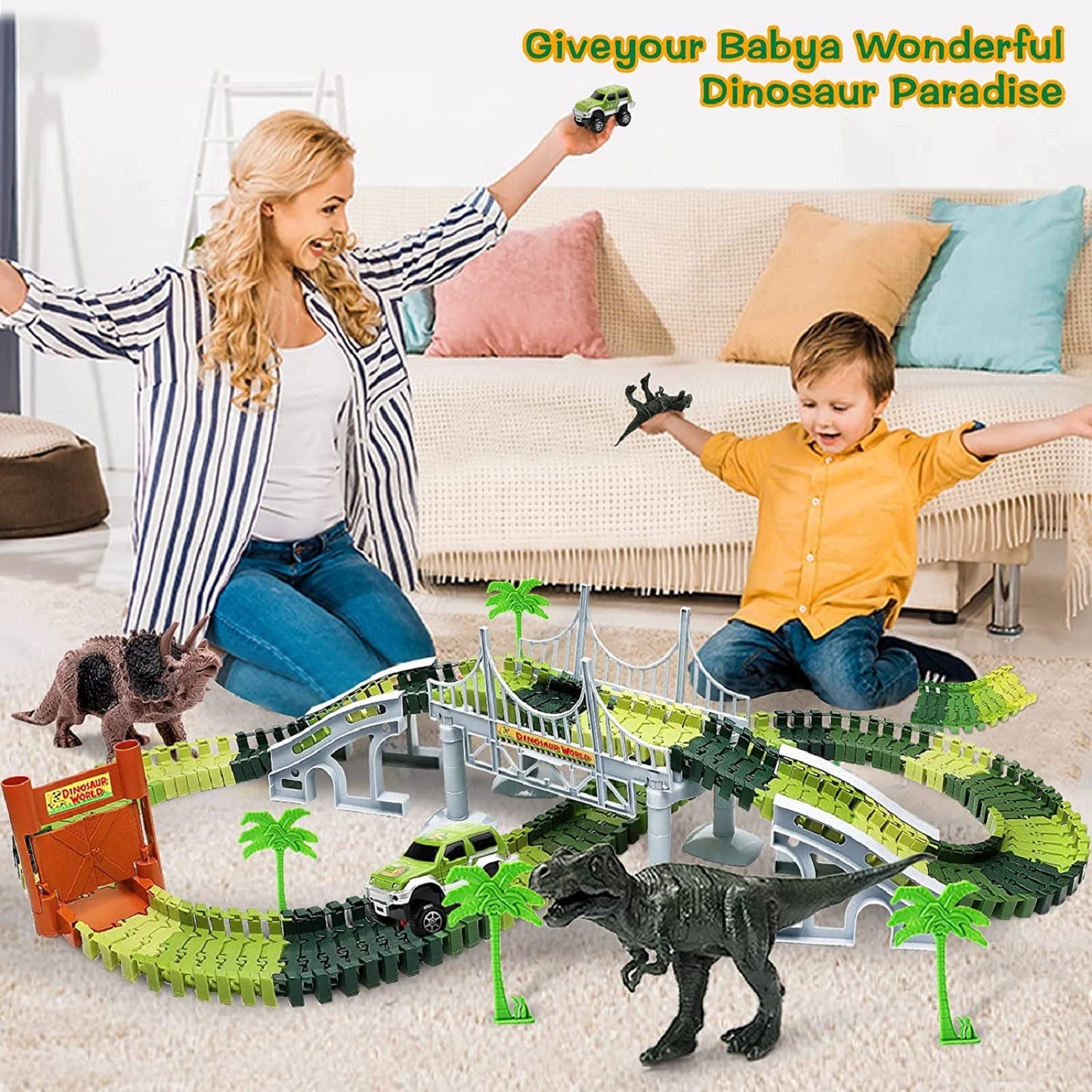 Dinosaur Toys for 3-7+ Year Old Boys Girls, Flexible Tracks Race Car Set, World Road Race Birthday Gift for Kids Aged 3-5