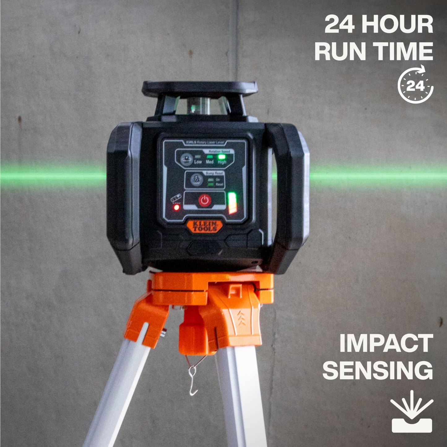 Klein Tools 93RLS Green Self-Leveling Rotary Laser Level Kit, Horizontal/Vertical with Plumb Spot, 1150-Foot Range, Rechargeable, Tripod, Detector, 9-Foot Grade Rod, Carrying Case, ≤ 5mW Class 3R