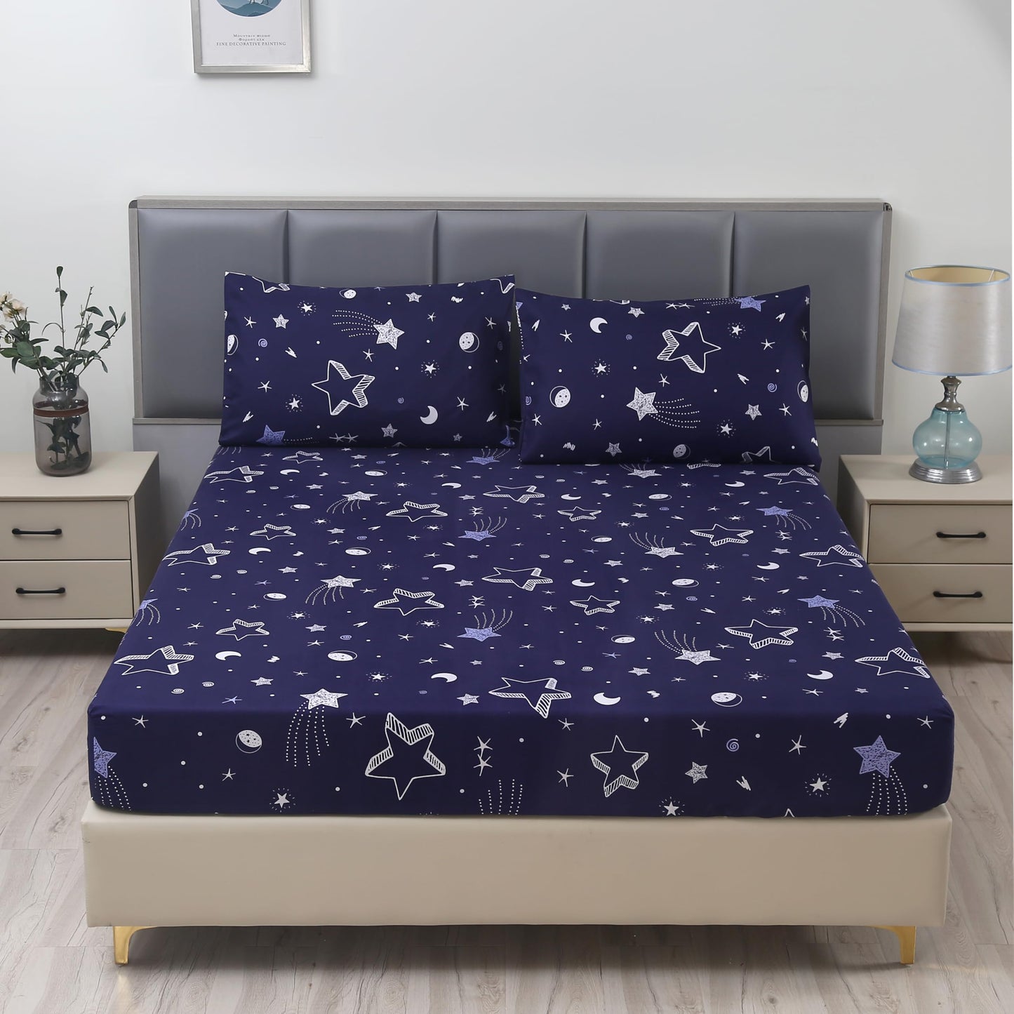 MAG 3pcs Purple Star Full Bed Sheet,Galaxy Space Microfiber Fitted Sheets with1 Fitted and 2 Pillowcases,14 Inches Deep (Purple and White,Full)