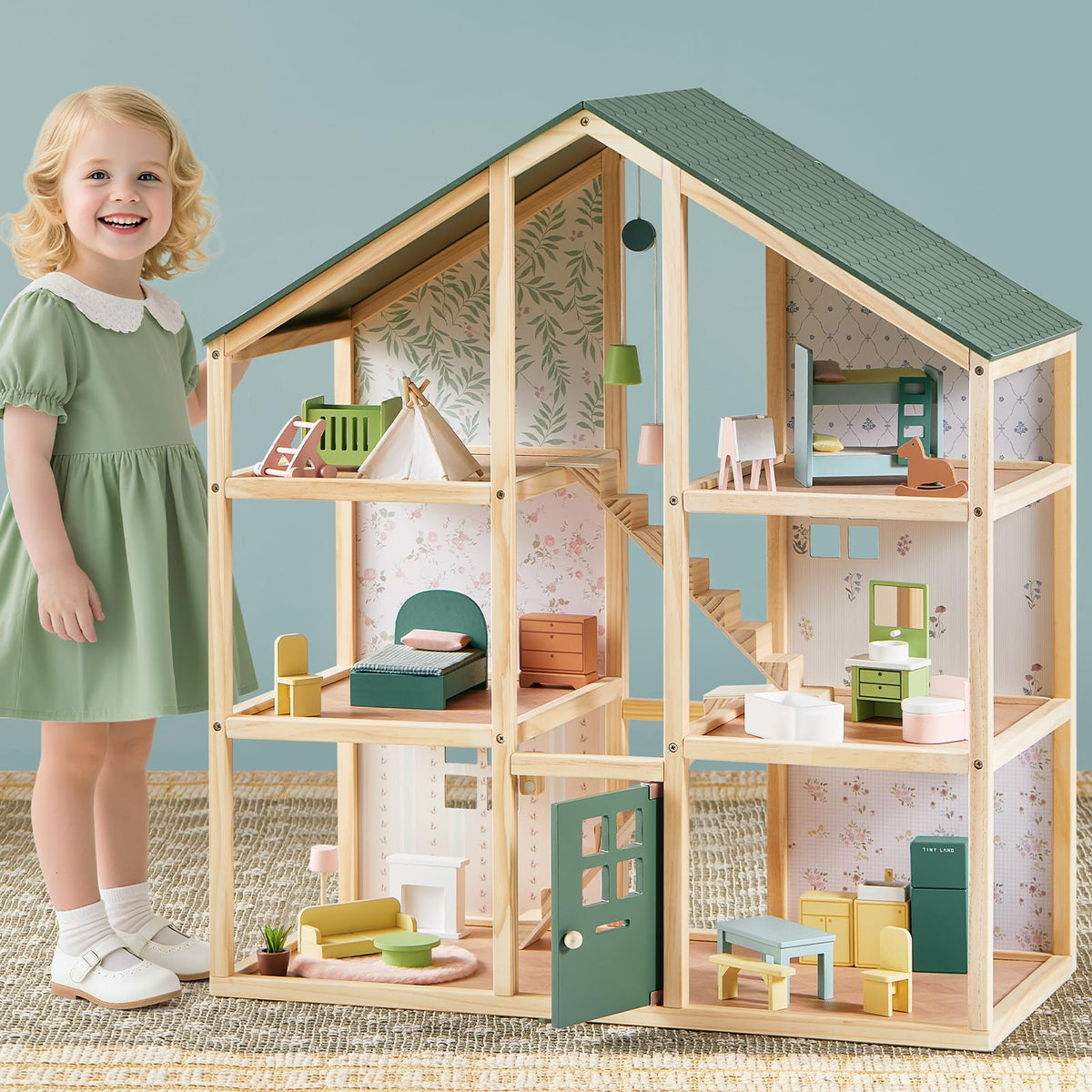Tiny Land Wooden Dollhouse，Wooden Dollhouse Animal Set