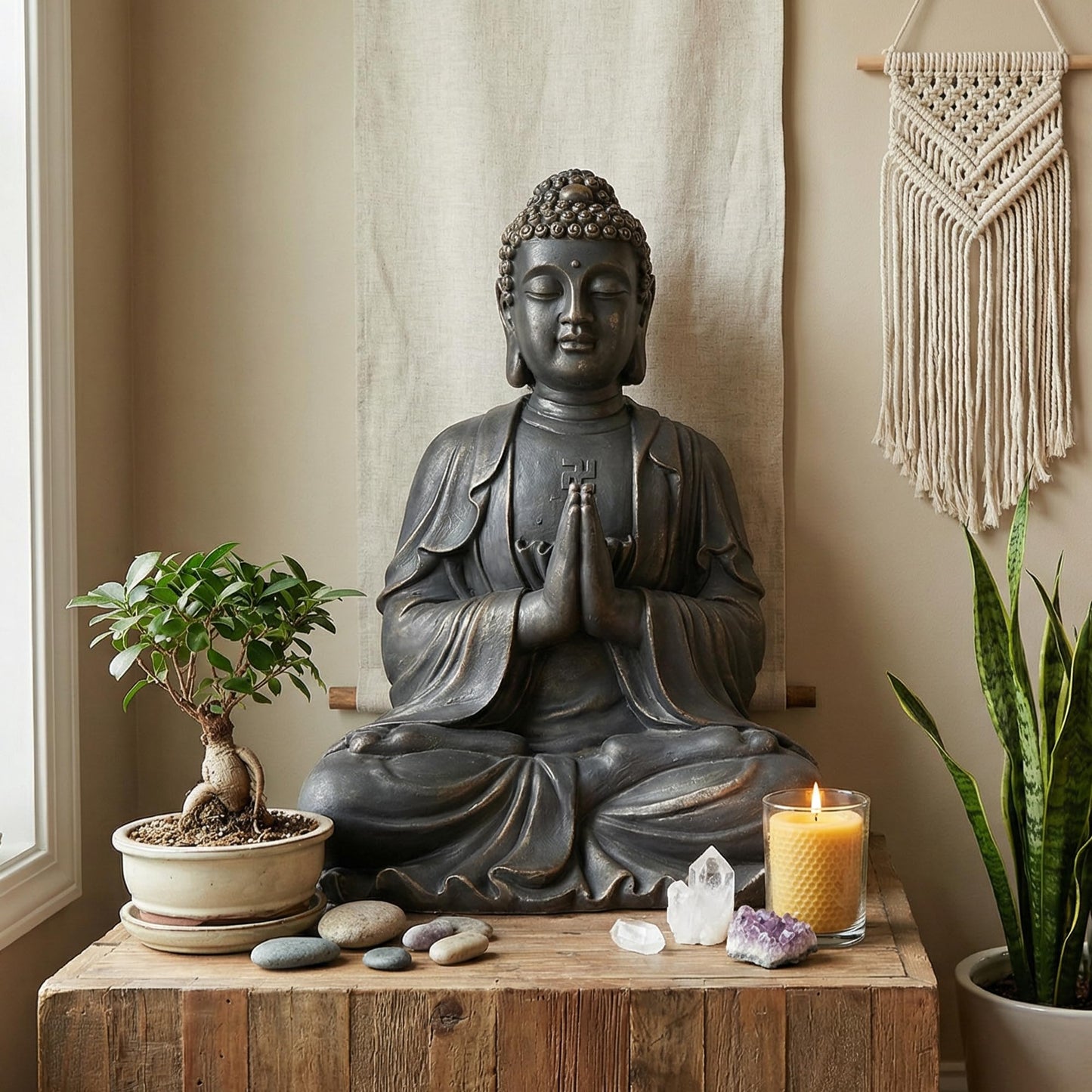 Greens Word Sculptures Buddha Statue, Garden Statues 23.6 Inch Tall, Large Magnesium Oxide Buddha Sculpture Indoor & Outdoor, Statue for Home Decor Yard Porch Patio, Dark Gray with Gold Accents